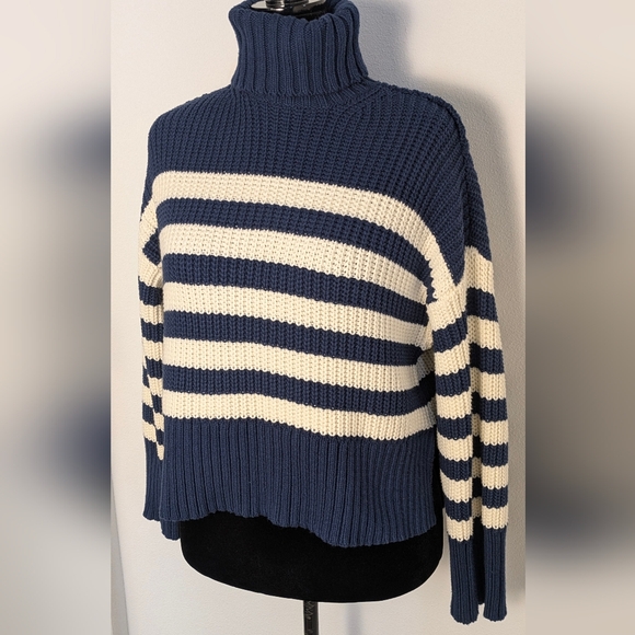 Madewell Wide Rib Turtleneck Crop Sweater New Sz S Oversized Striped Blue Cream - Picture 4 of 13